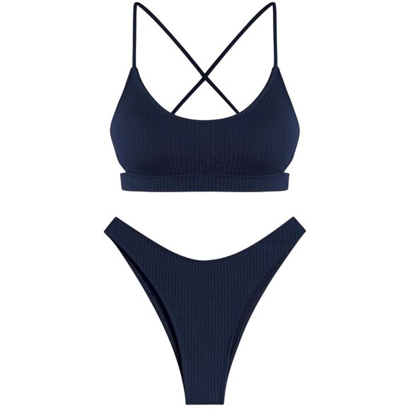 Zaful Women Navy Blue Ribbed Bikini Set Small Criss Cross Tie High Cut Swimsuit - Picture 2 of 10